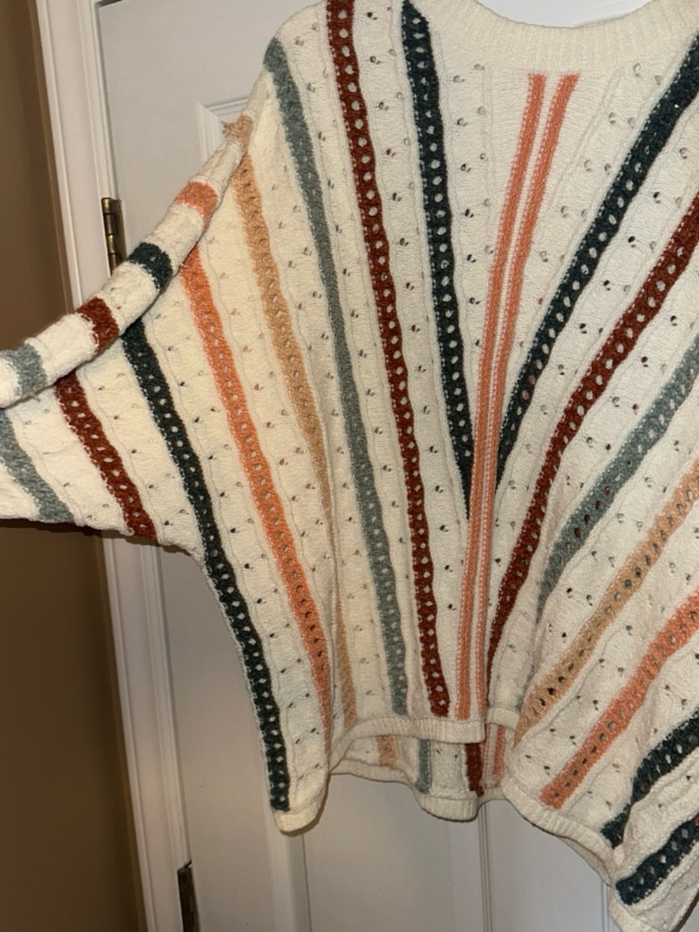 Maurices Cream Striped Knit Poncho with Rust, Sage & Blush